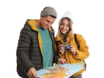 Photo of Couple with map on white background. Winter travel