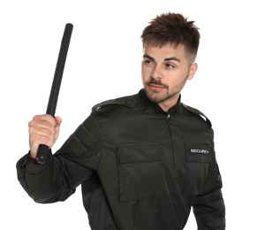 Male security guard in uniform with police baton on white background