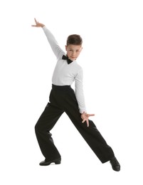 Beautifully dressed little boy dancing on white background