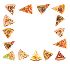 Frame made from slices of different pizzas on white background, top view