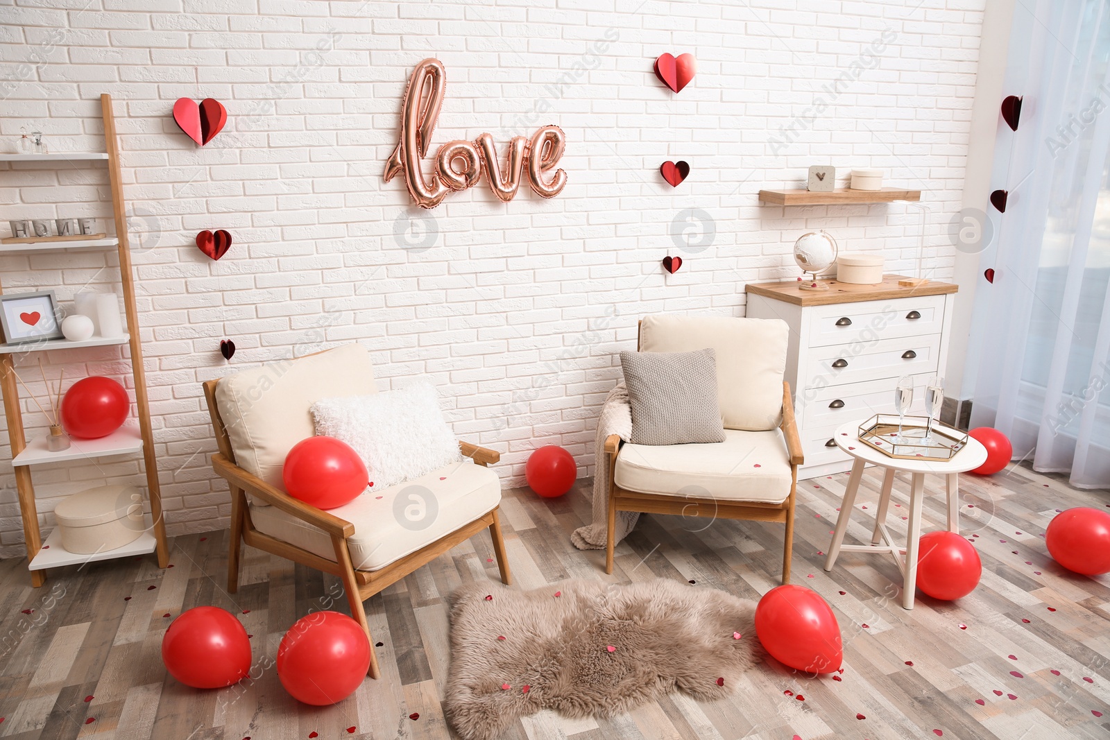 Photo of Cozy living room decorated for Valentine Day. Interior design