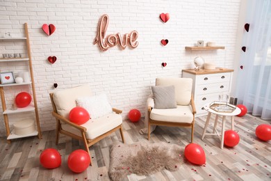 Cozy living room decorated for Valentine Day. Interior design