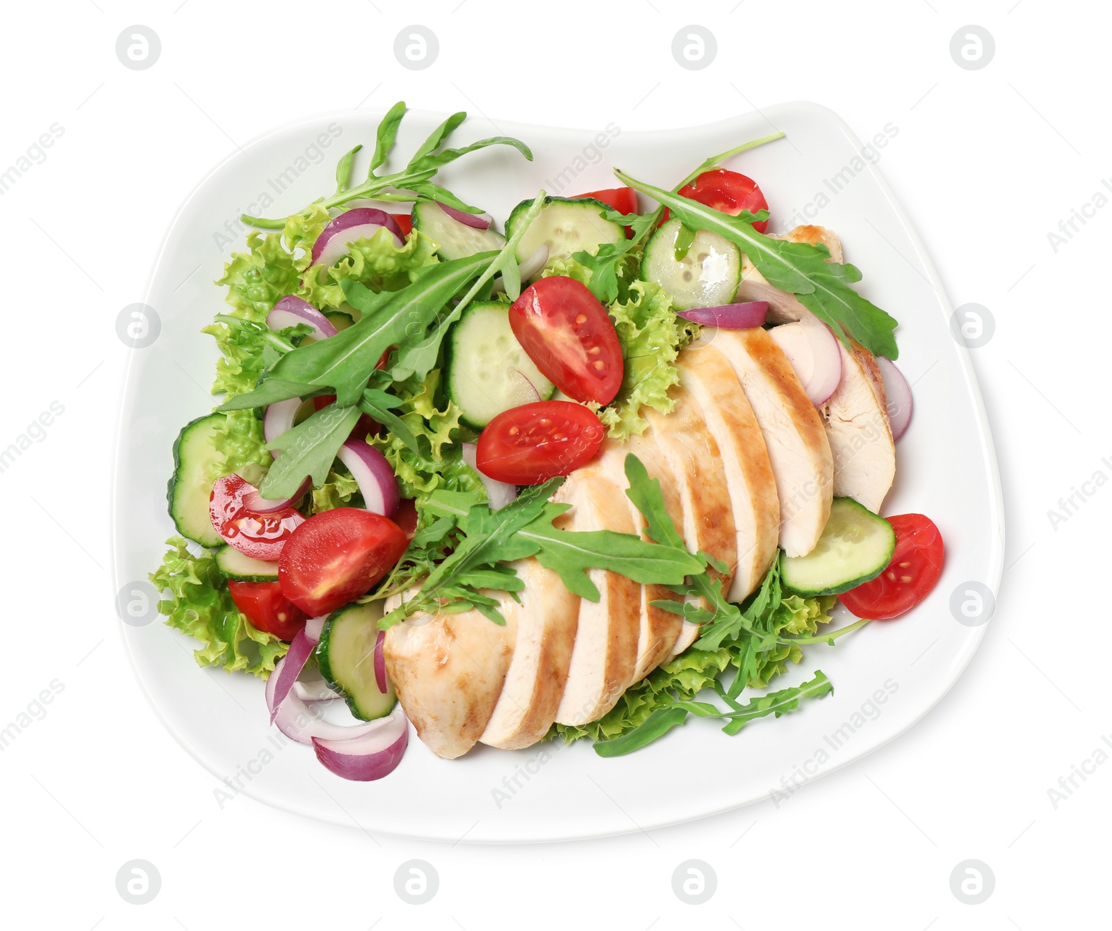 Photo of Delicious salad with meat, arugula and vegetables isolated on white, top view