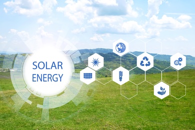 Image of Solar energy concept. Scheme with icons and mountain landscape on background