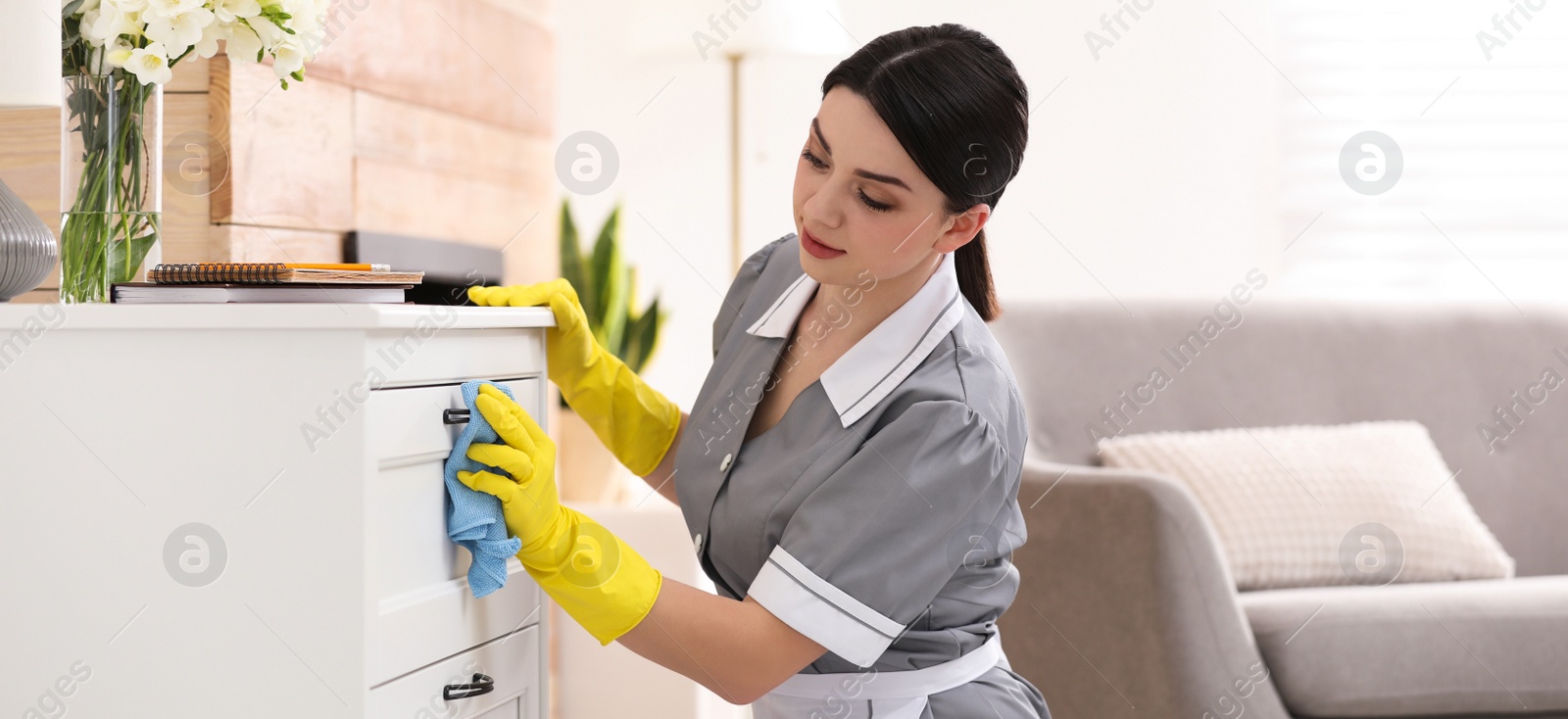 Image of Young chambermaid wiping dust from furniture in hotel room. Banner design