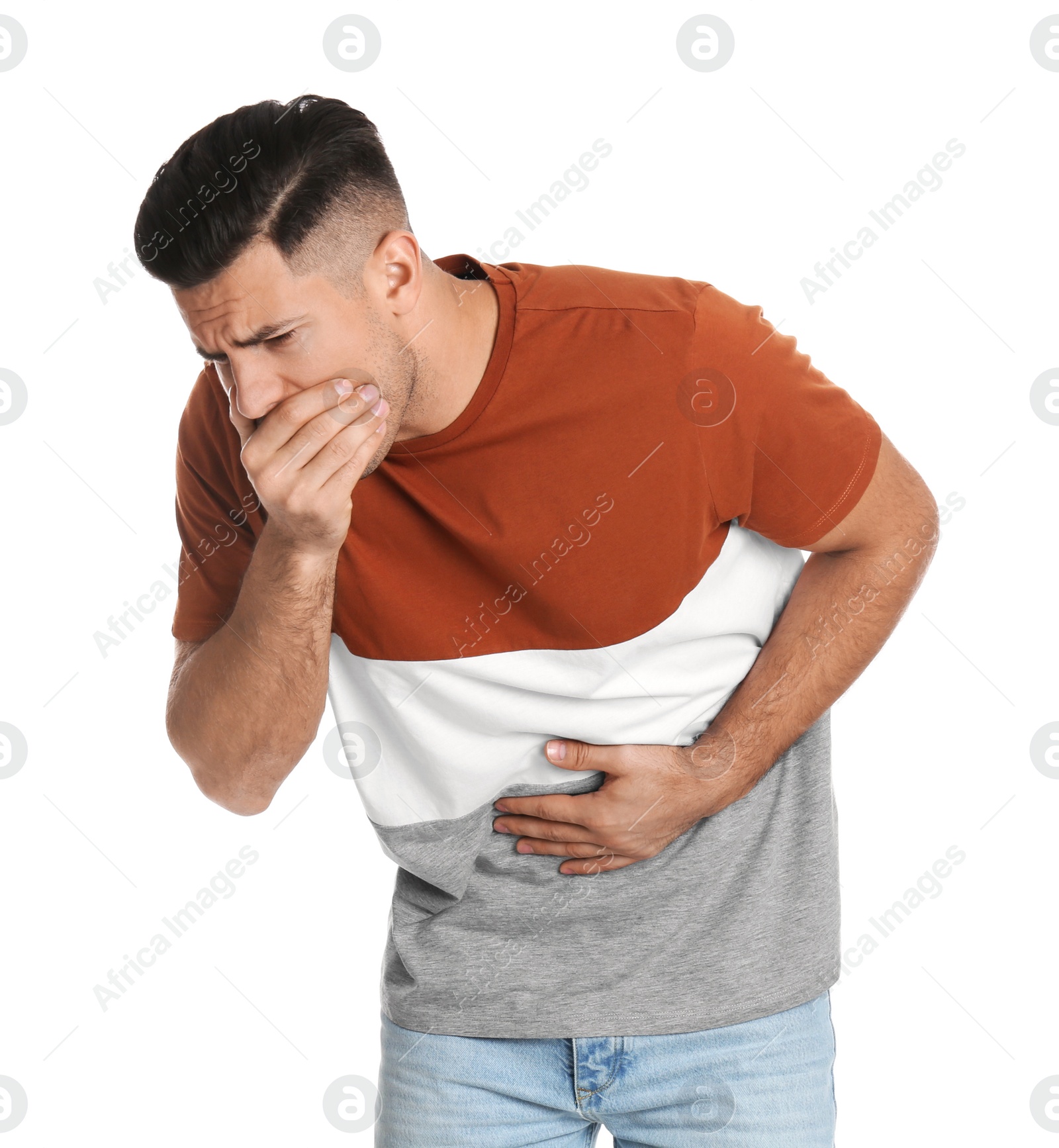 Photo of Man suffering from stomach ache and nausea on white background. Food poisoning