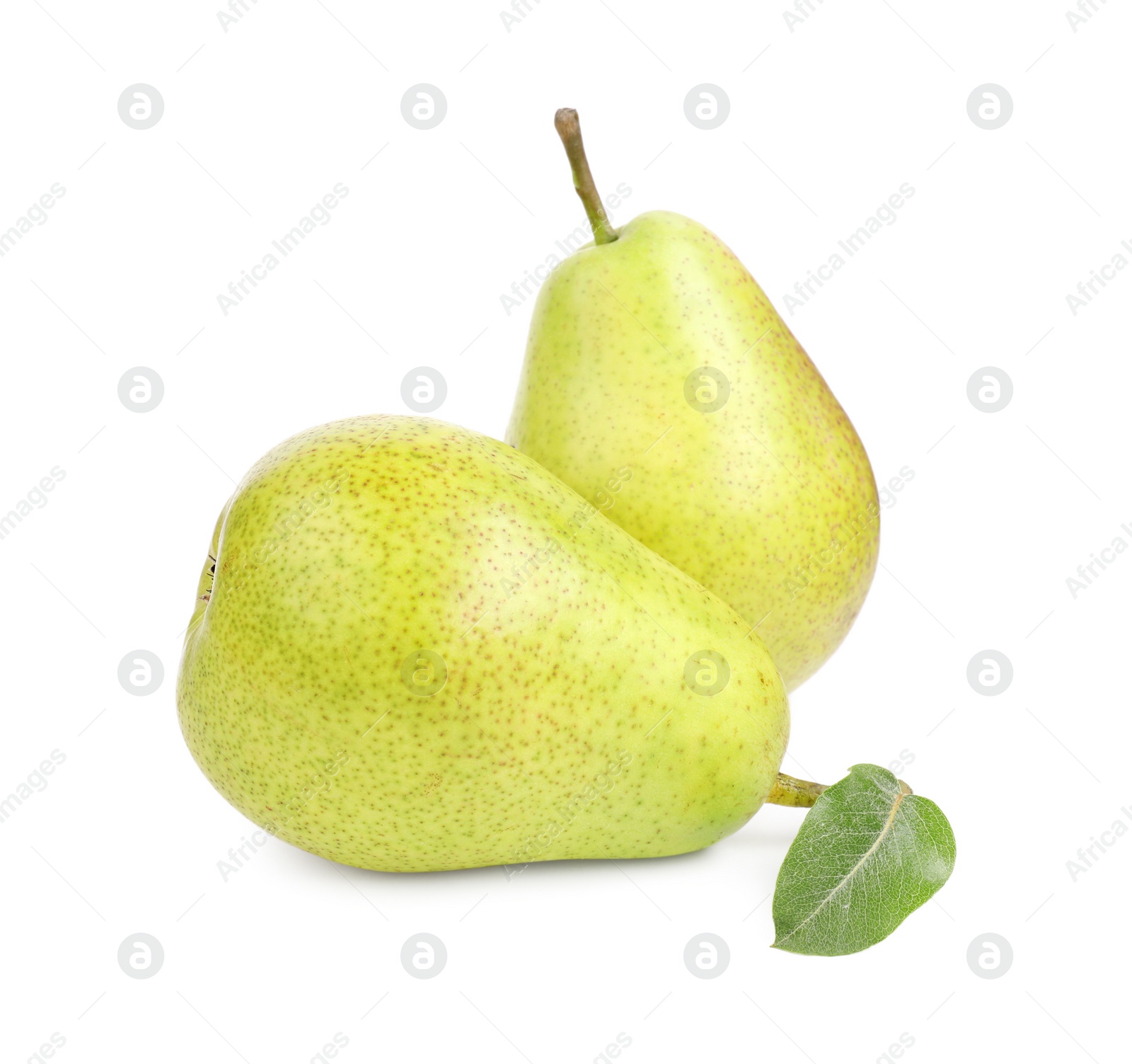 Photo of Tasty ripe pears with leaf on white background