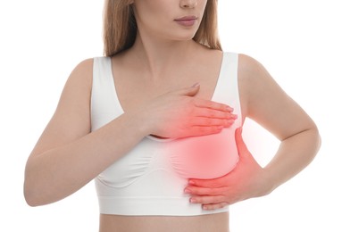 Image of Young woman suffering from breast pain on white background, closeup