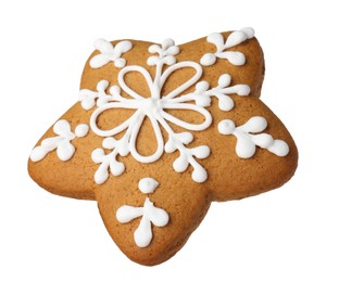 Tasty star shaped Christmas cookie with icing isolated on white