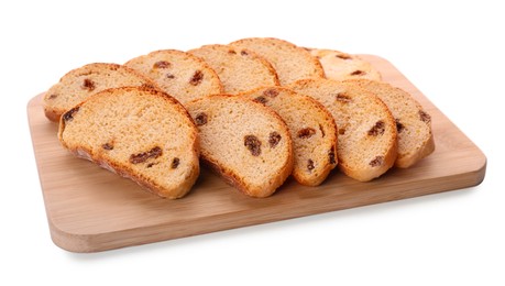 Sweet hard chuck crackers with raisins on white background