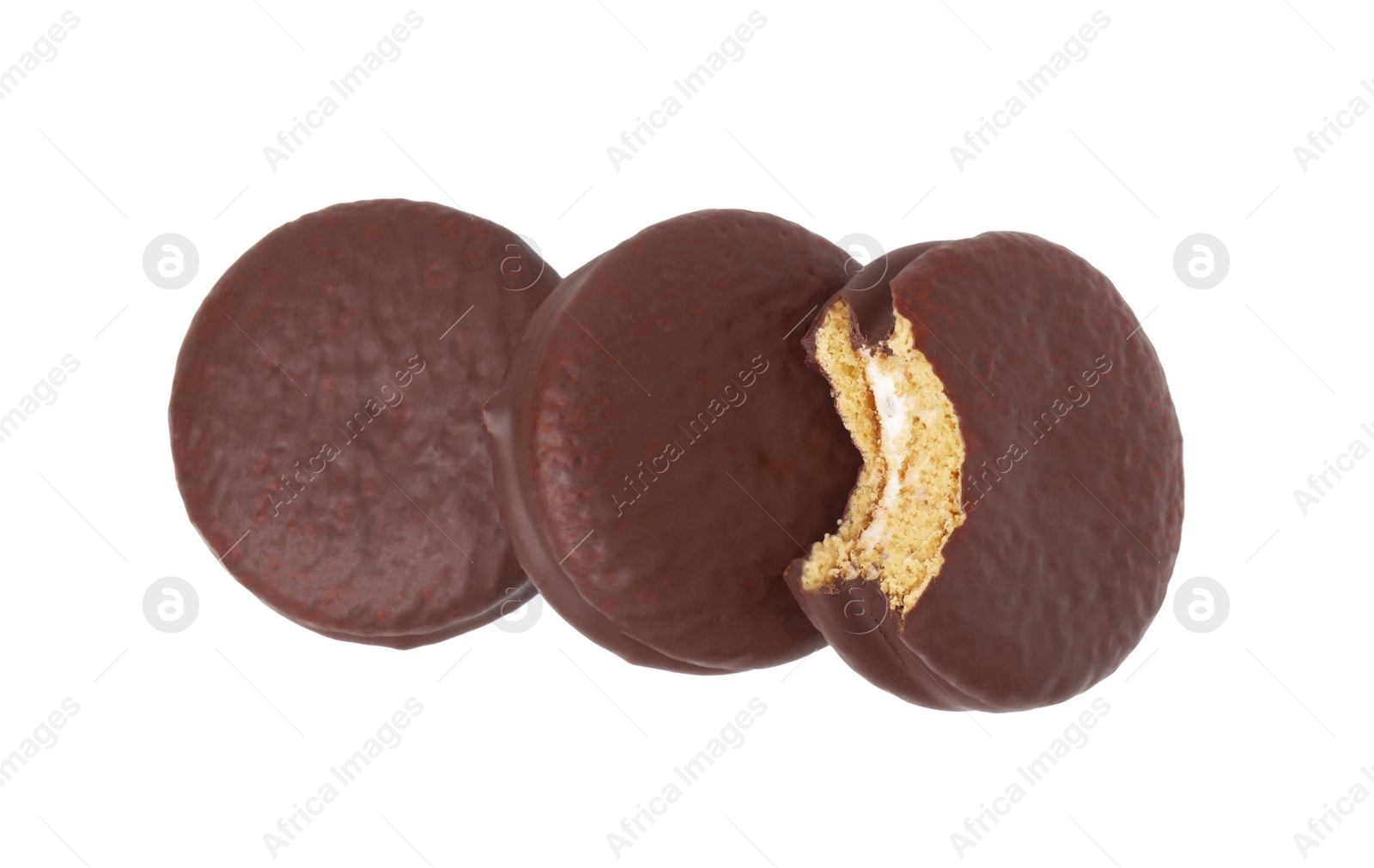 Photo of Tasty choco pies isolated on white, top view