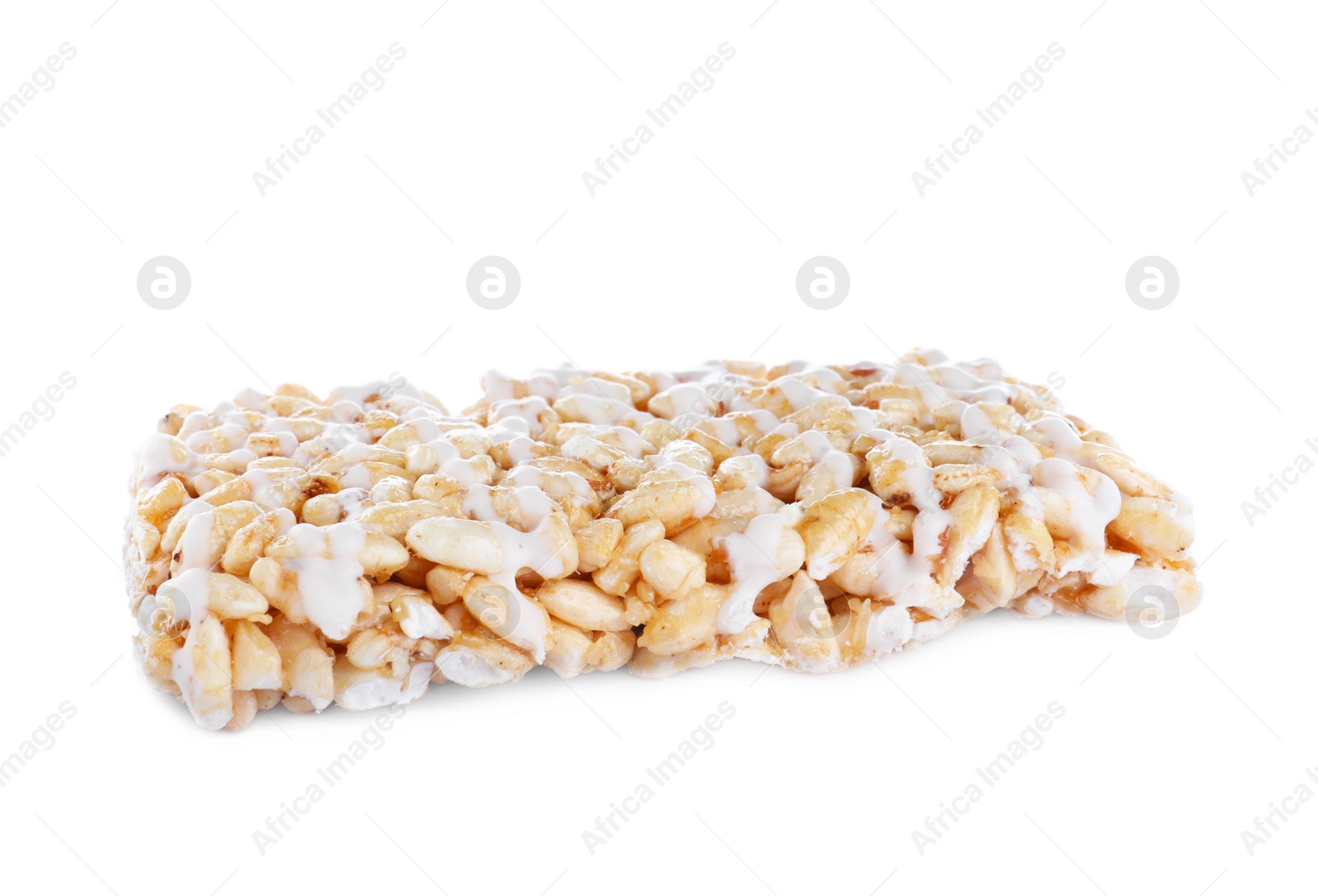 Photo of Bar of delicious rice crispy treat isolated on white