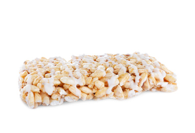 Photo of Bar of delicious rice crispy treat isolated on white