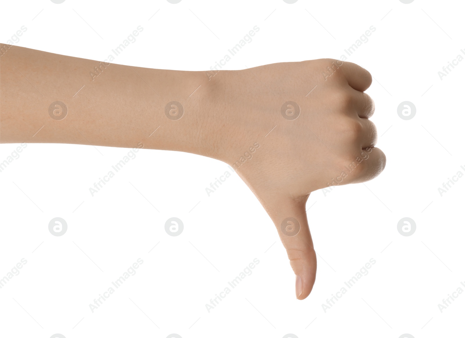 Photo of Woman showing thumb down isolated on white, closeup