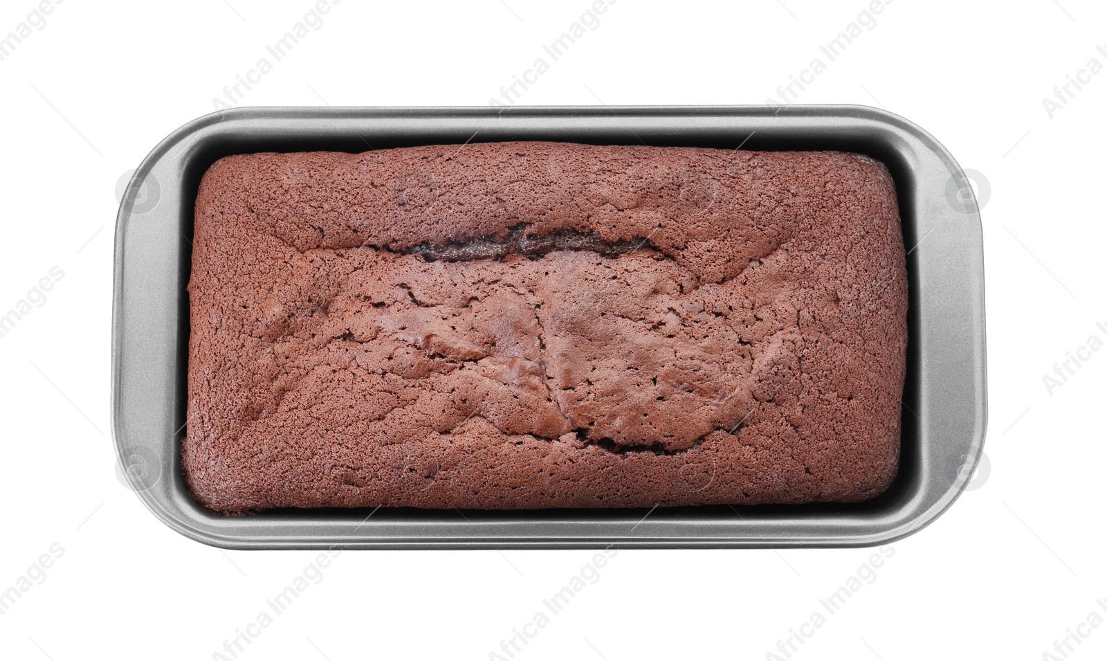 Photo of Delicious chocolate sponge cake in baking pan isolated on white, top view