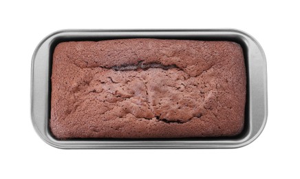 Photo of Delicious chocolate sponge cake in baking pan isolated on white, top view
