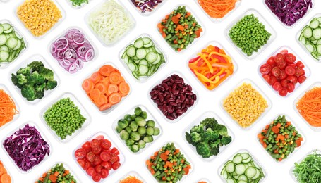 Many containers with different fresh vegetables on white background, top view. Collage