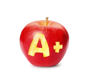 Image of Red apple with carved letter A and plus symbol as school grade on white background