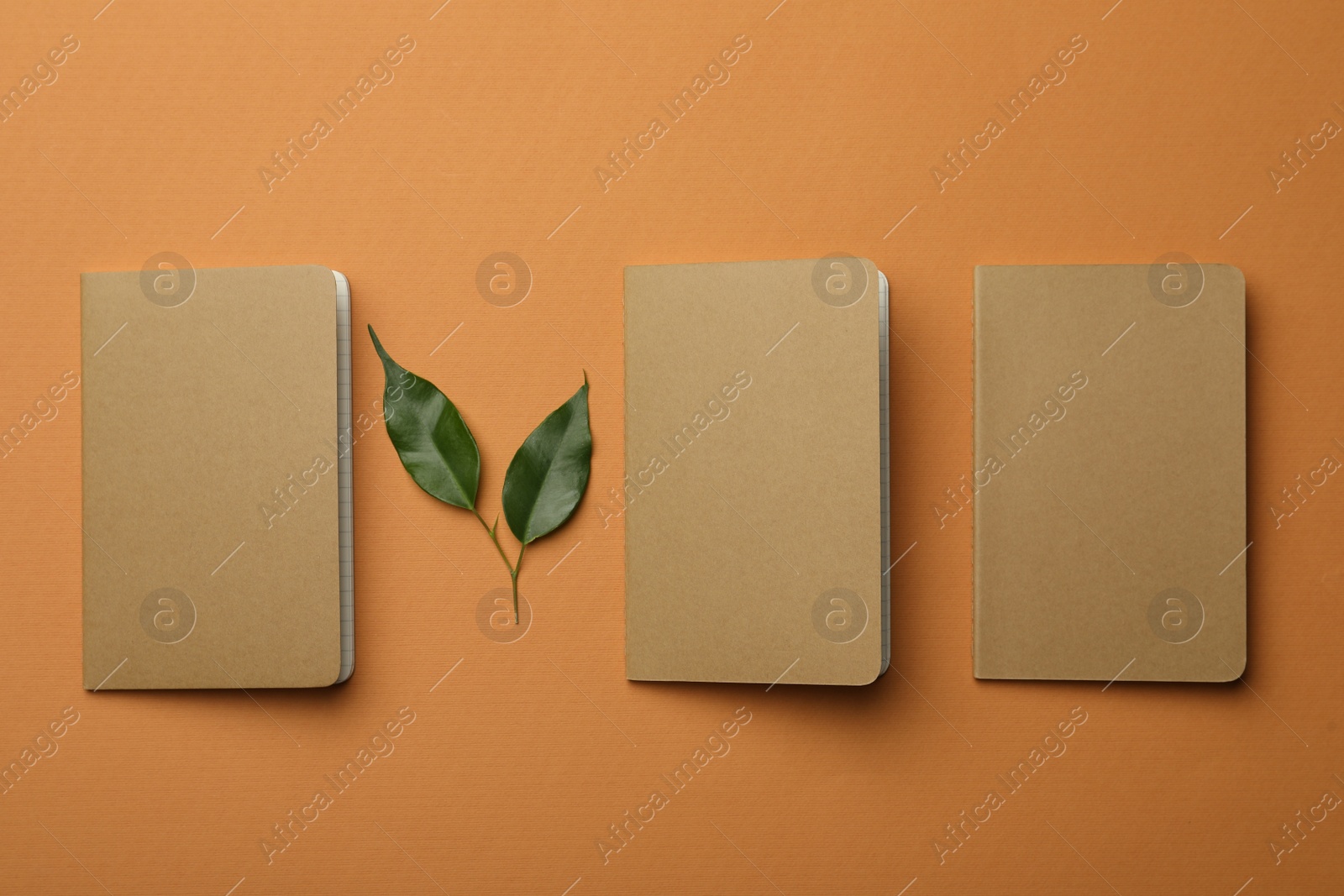 Photo of Kraft planners and green leaves on orange background, flat lay