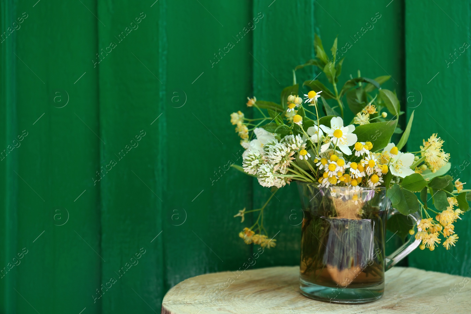 Photo of Composition with different fresh herbs in cup of tea on stump near green wall. Space for text