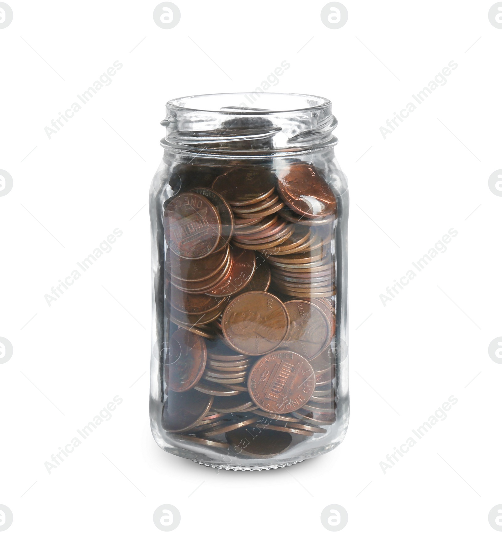 Photo of Glass jar with coins on white background. Money saving concept