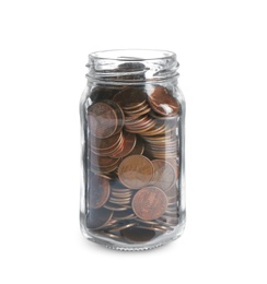 Photo of Glass jar with coins on white background. Money saving concept