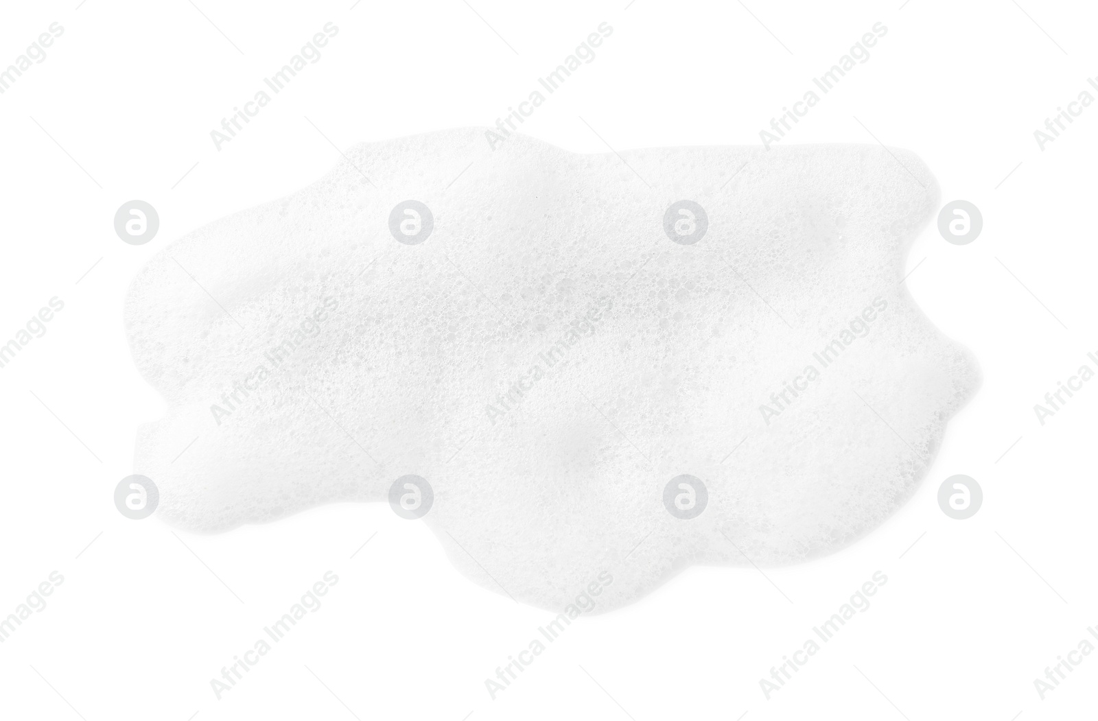 Photo of Drop of fluffy soap foam isolated on white, top view