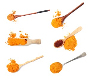 Image of Set with saffron powder on white background