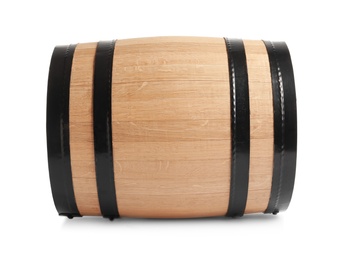 Photo of Wooden keg on white background. Wine making