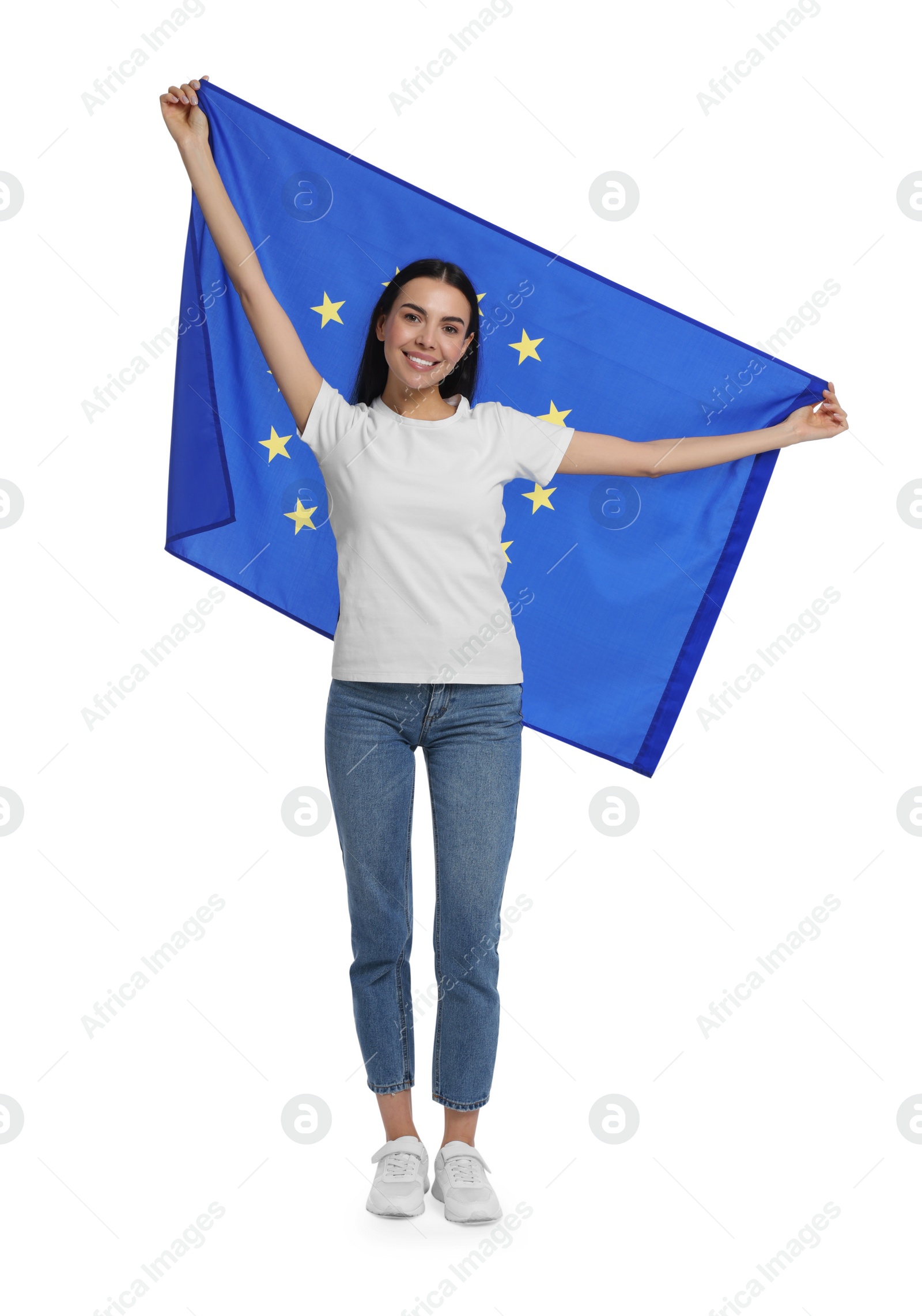 Photo of Woman holding European Union flag on white background