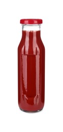 Glass bottle of tasty ketchup isolated on white