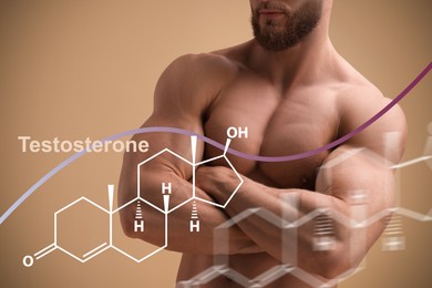 Muscular man and structural formula of testosterone on beige background, closeup