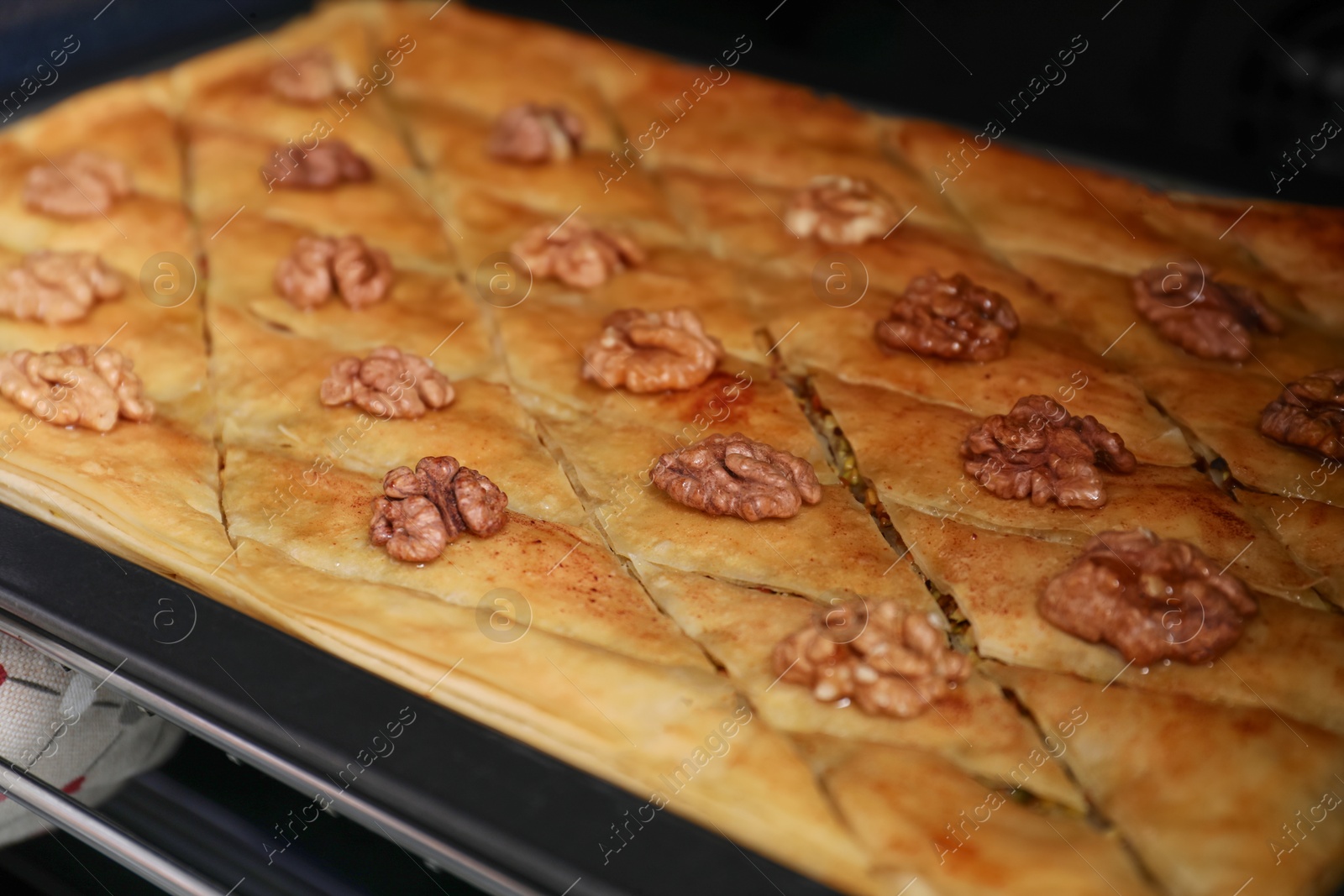 Photo of Delicious baklava with walnuts in baking pan, closeup