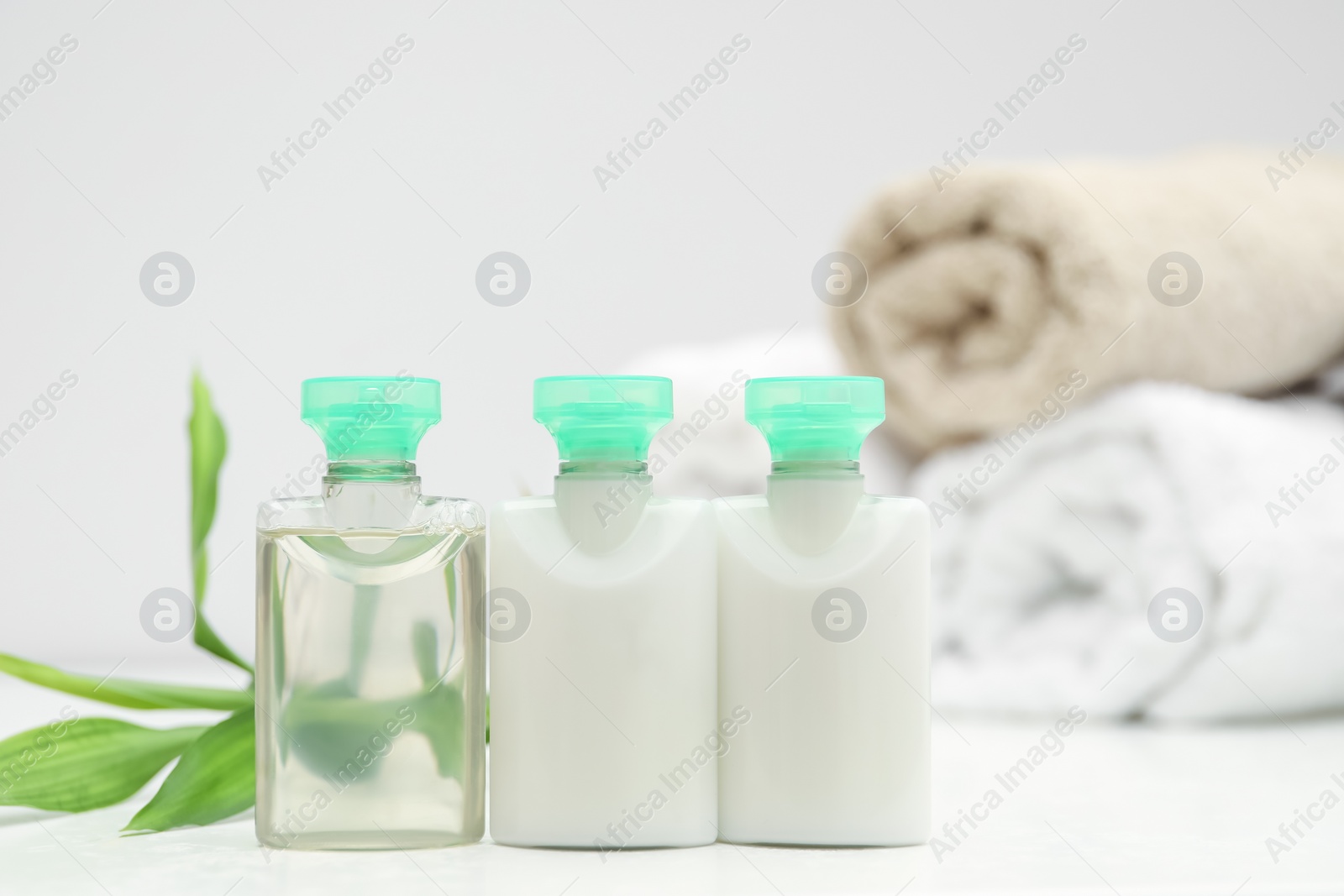 Photo of Mini bottles of cosmetic products and green branch on white table. Space for text