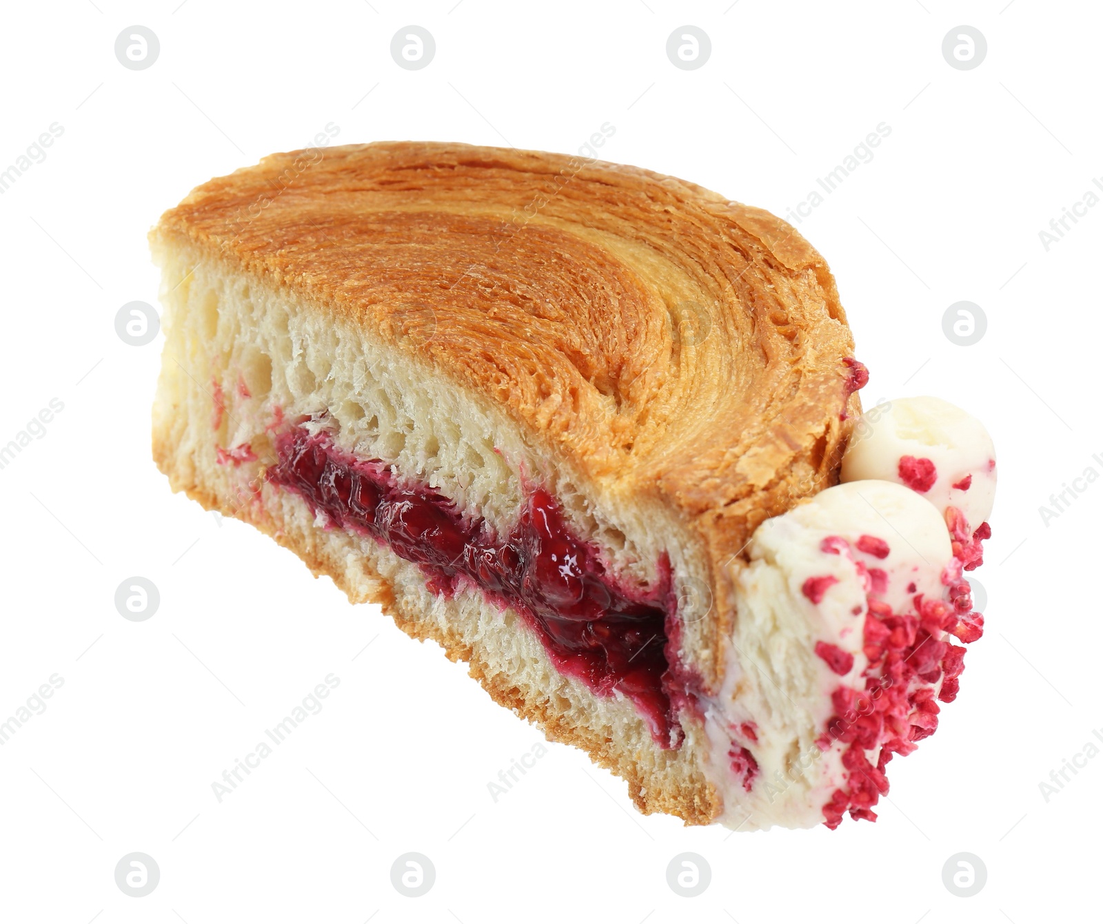 Photo of Half of round croissant with jam isolated on white. Tasty puff pastry