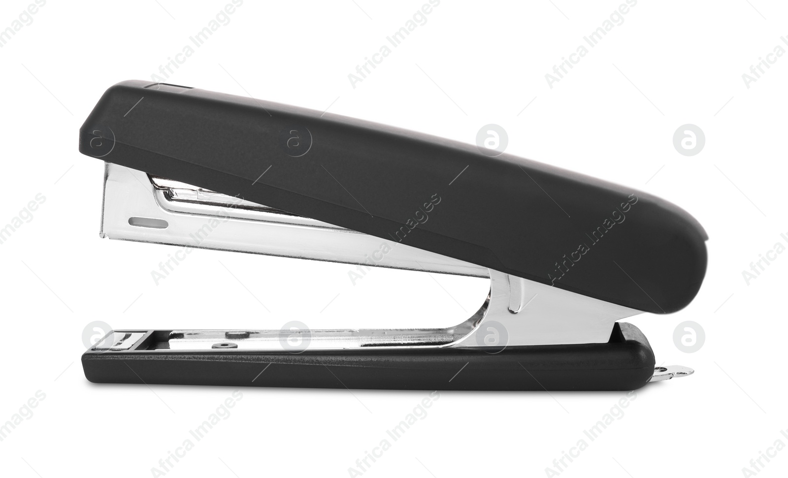 Photo of One new black stapler isolated on white