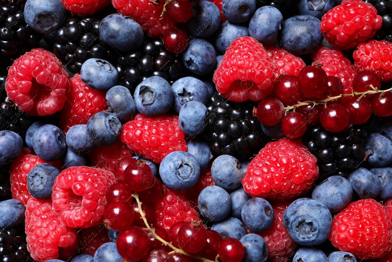 Photo of Assortment of fresh ripe berries as background, top view