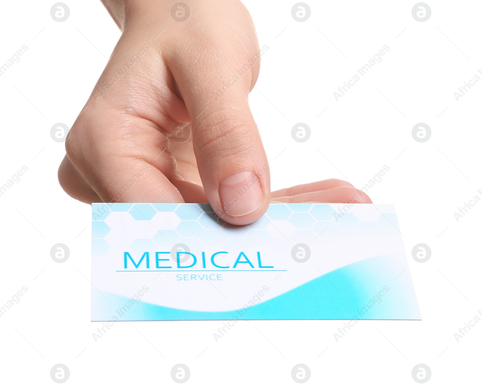 Photo of Woman holding business card isolated on white, closeup. Medical service