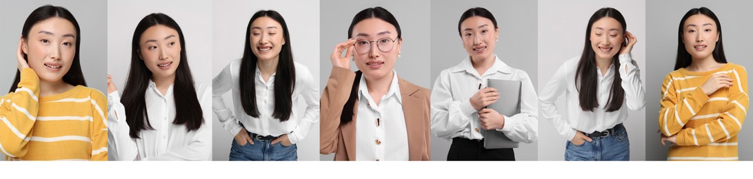 Image of Collage with photos of Asian woman on different color backgrounds