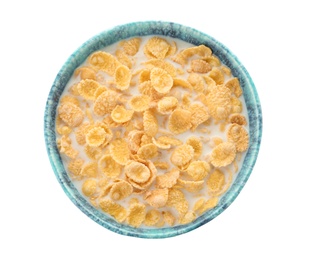 Photo of Bowl with corn flakes and milk on white background. Healthy grains and cereals