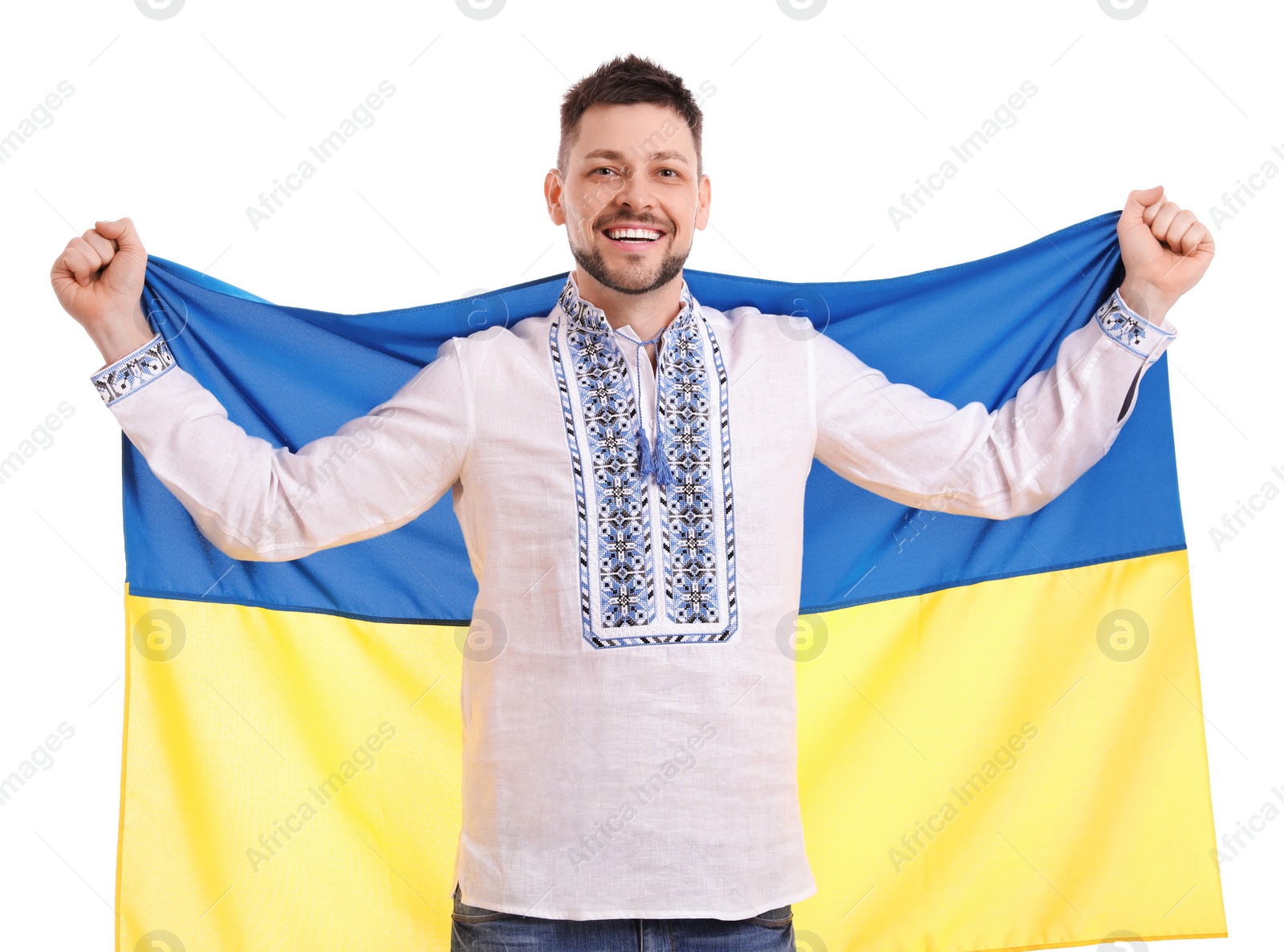 Photo of Happy man with flag of Ukraine on white background