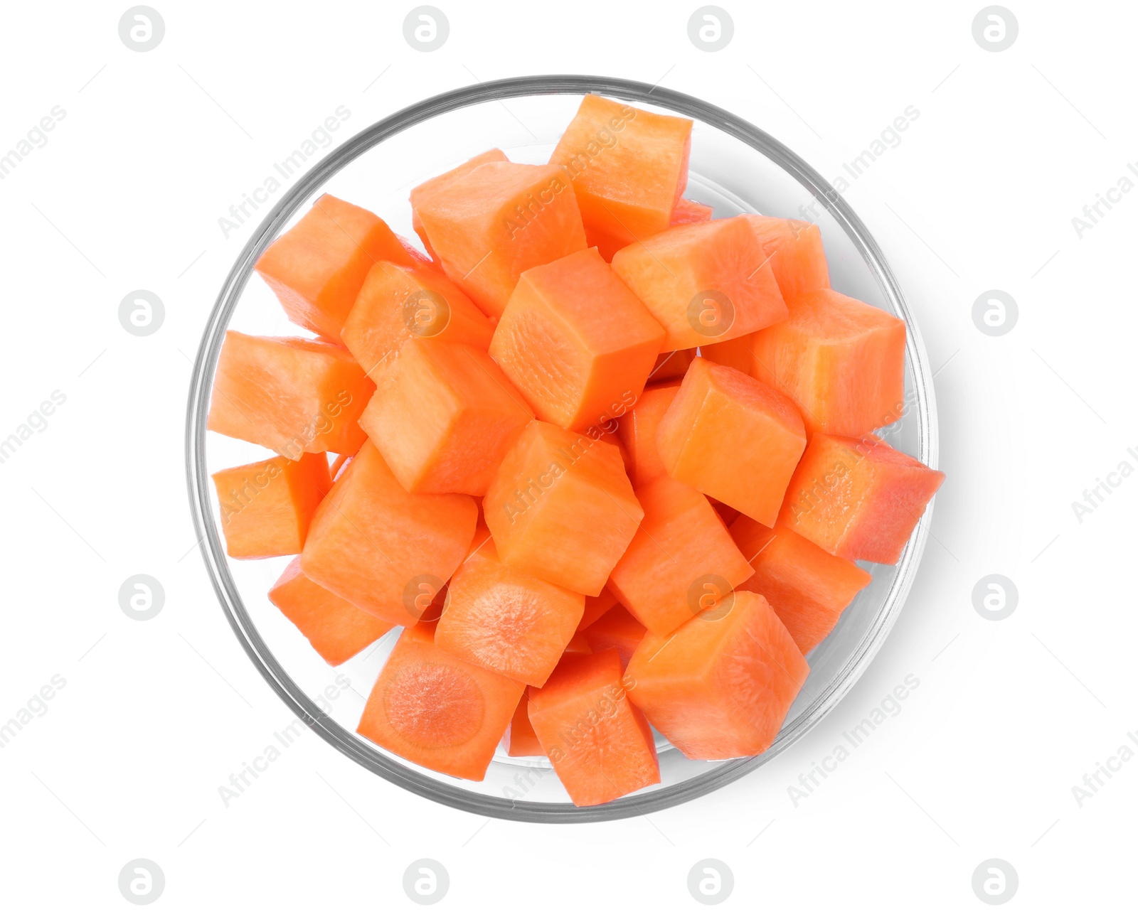 Photo of Delicious diced carrots in glass bowl isolated on white, top view