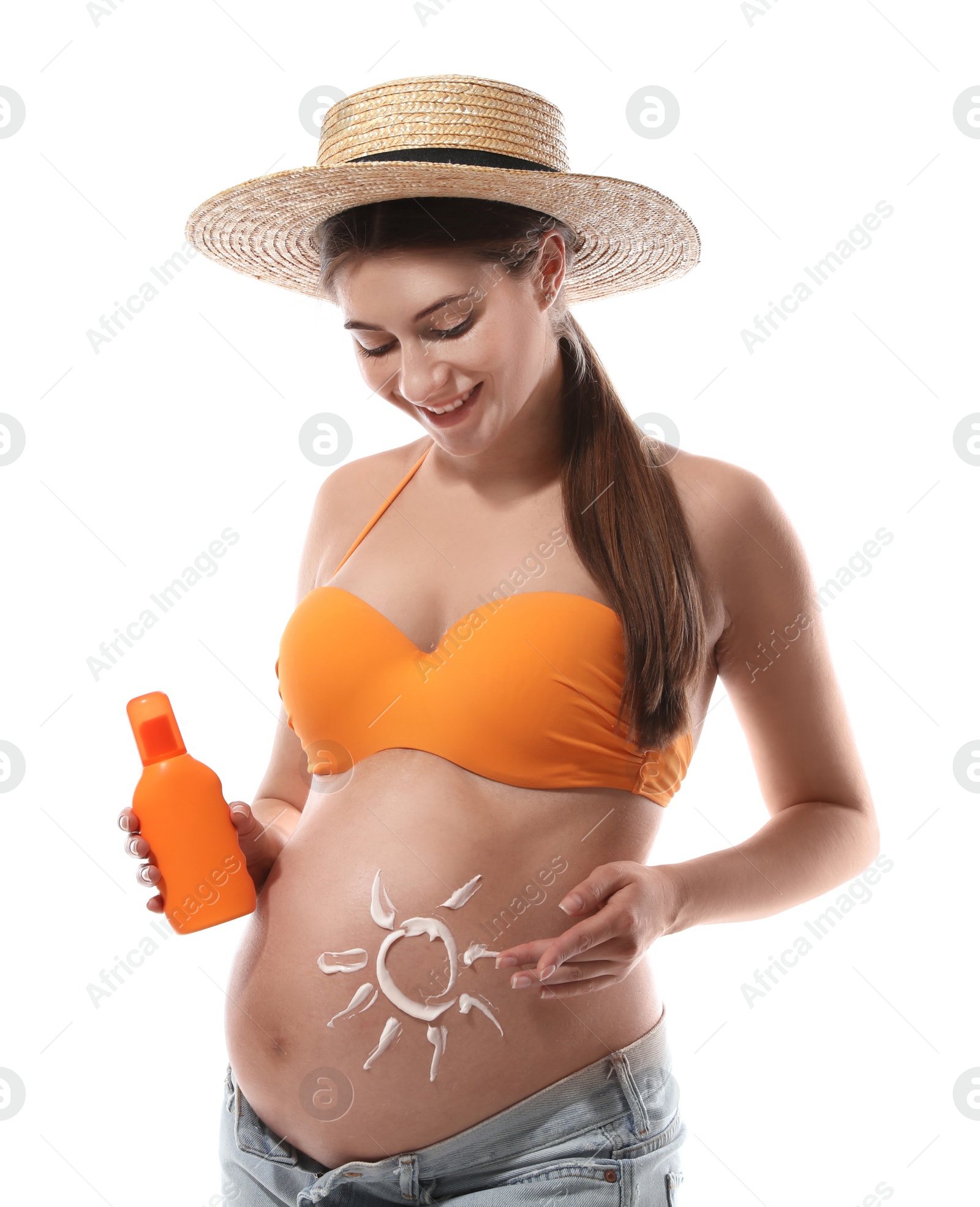 Photo of Young pregnant woman with sun protection cream on white background
