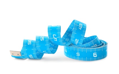 Photo of Long light blue measuring tape isolated on white