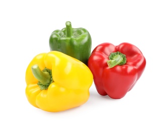 Photo of Fresh ripe bell peppers on white background