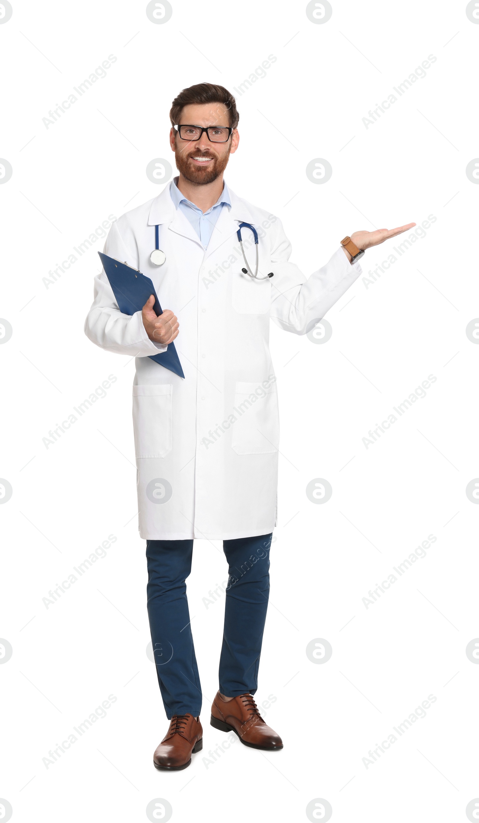 Photo of Full length portrait of doctor with clipboard on white background
