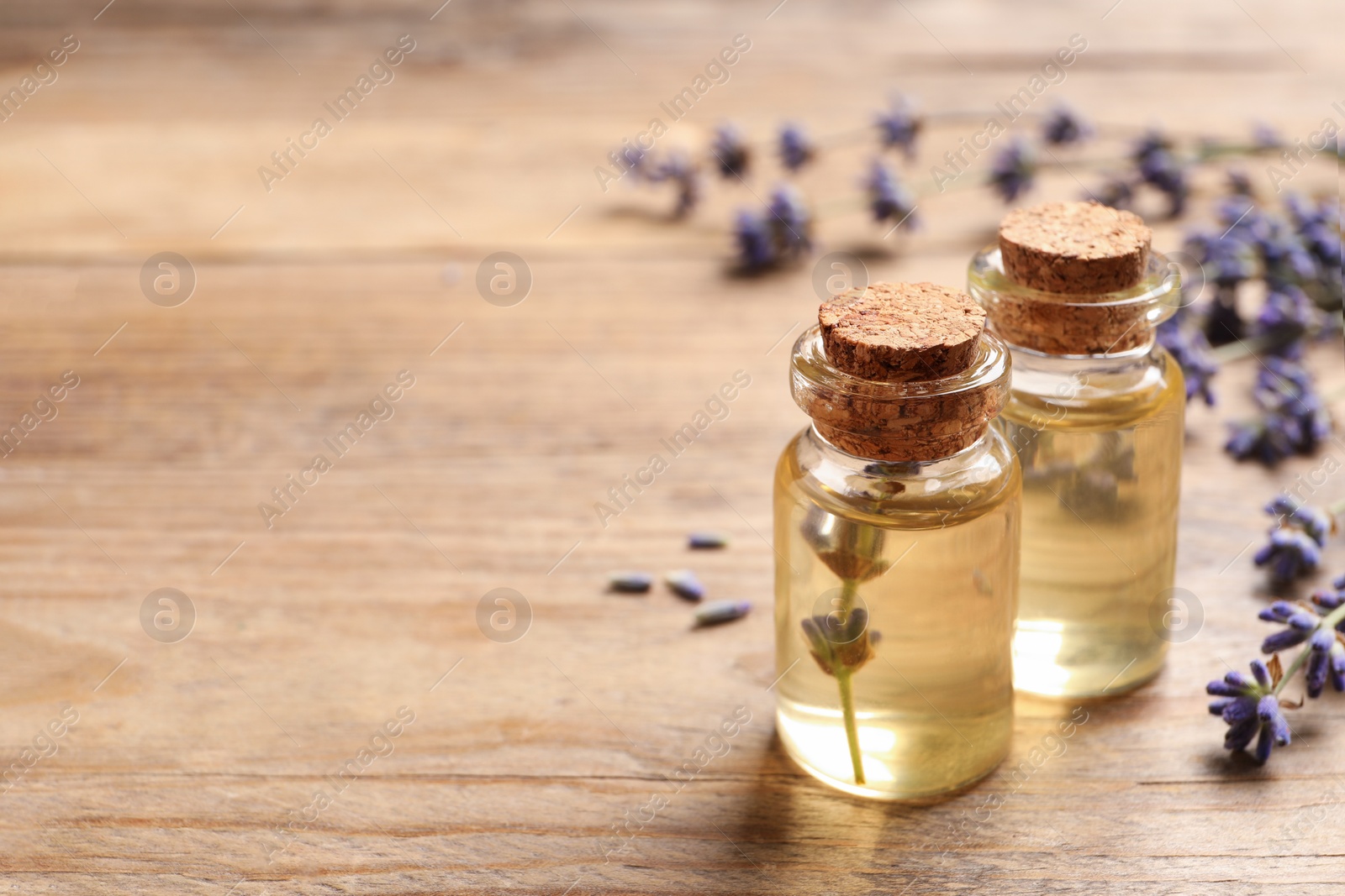 Photo of Essential oil and lavender flowers on wooden table, closeup. Space for text