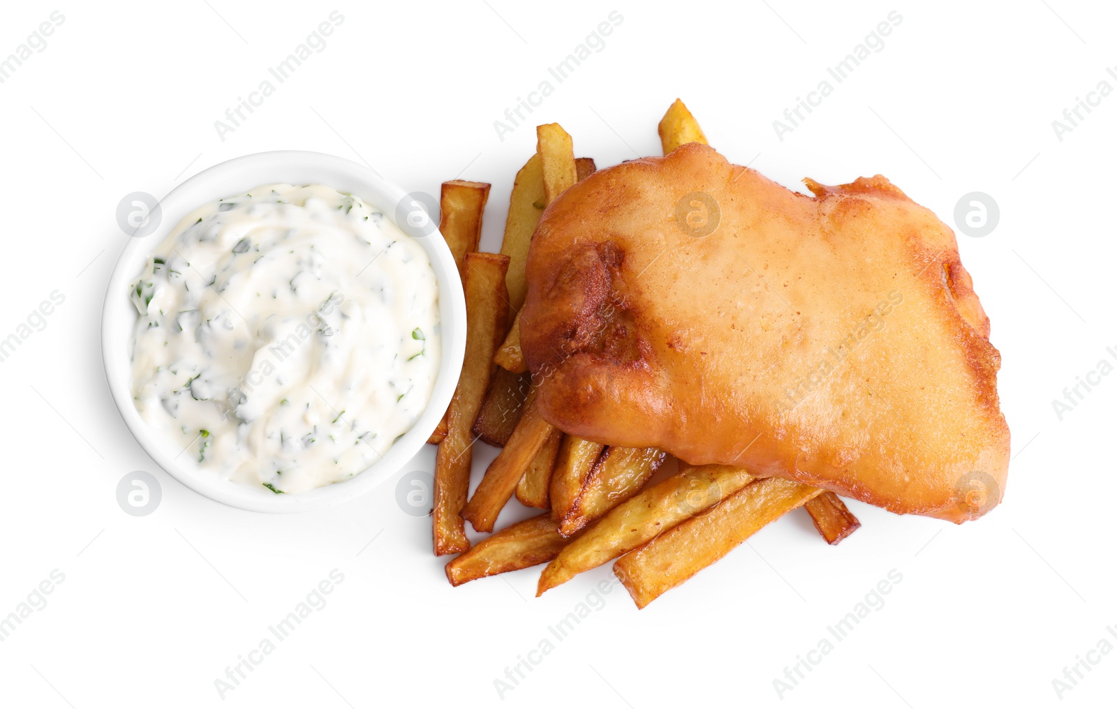 Photo of Tasty fish, chips and sauce isolated on white, top view