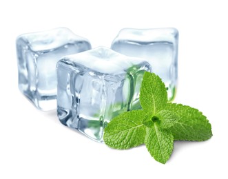 Image of Green mint and ice cubes isolated on white