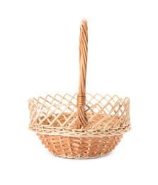 Photo of Decorative wicker basket with handle isolated on white